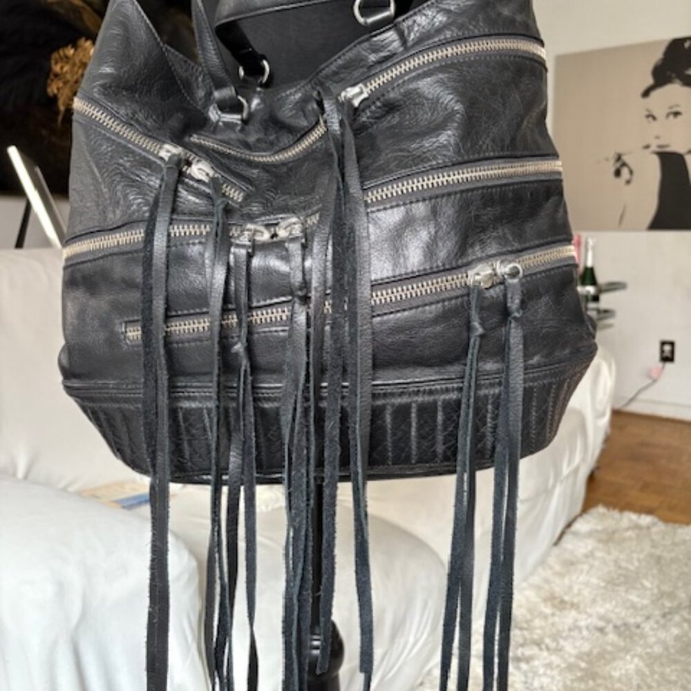 Ash Leather Crossbody Bucket handbag with  zippers and fringe accents